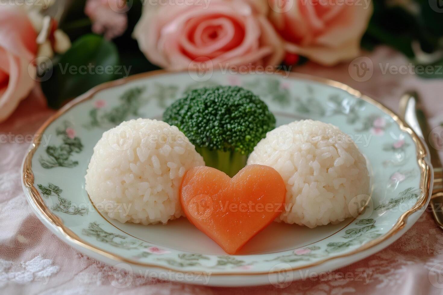 Rice balls with broccoli and heart-shaped carrot decorating a plate photo