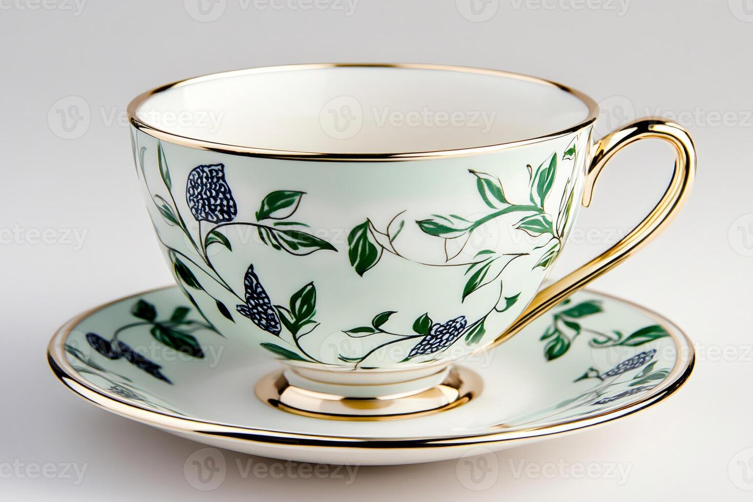 Elegant teacup and saucer with gold rim and floral pattern sitting on white background photo