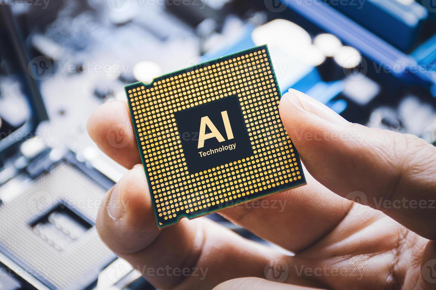 AI chip processor prototype, A hand holds a microchip labeled AI Technology suggesting artificial intelligence processing, machine learning. photo