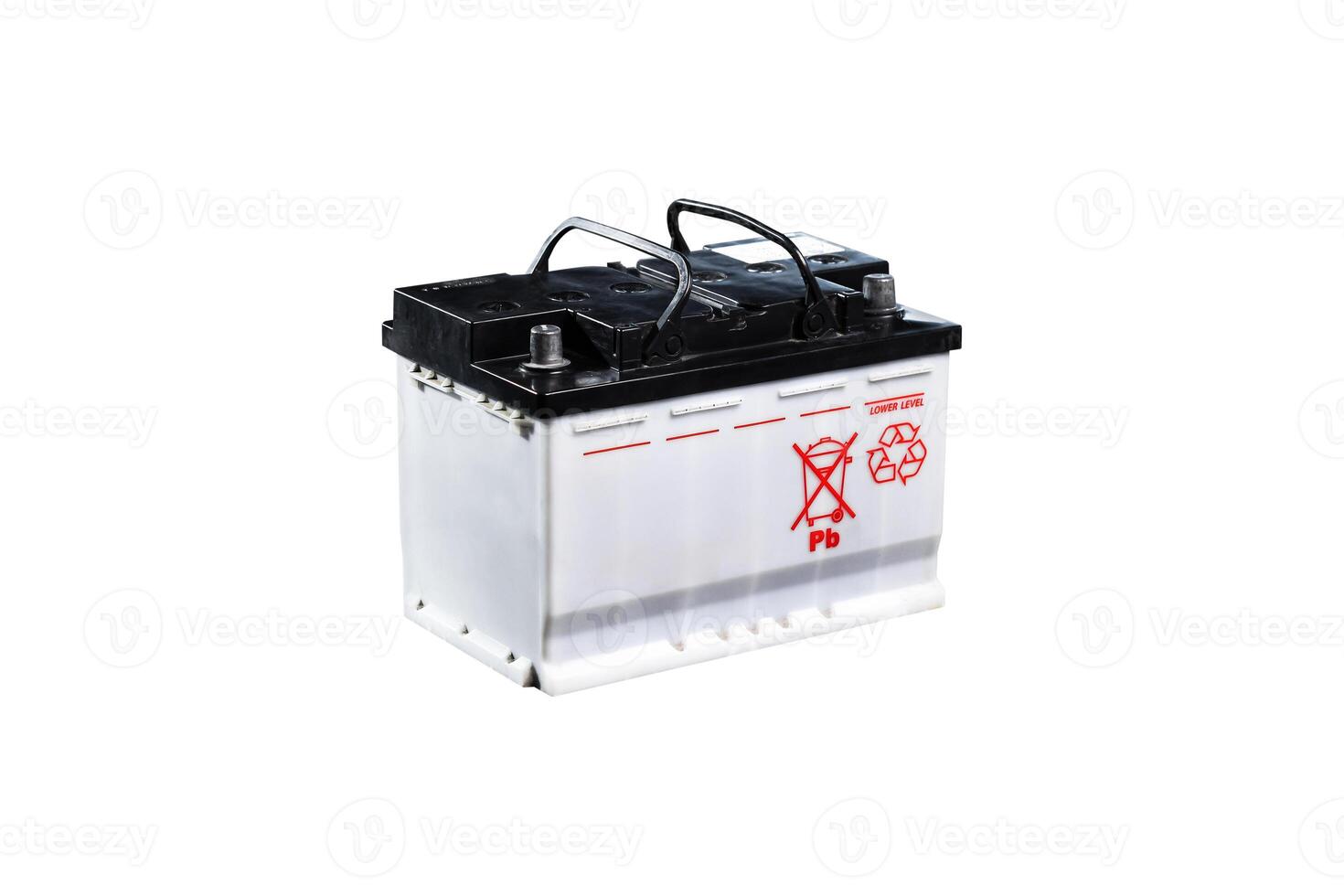 Old Car Battery Isolated with clipping path, A automotive lead acid battery with carrying handles is shown isolated on a white background. car part, power source. photo