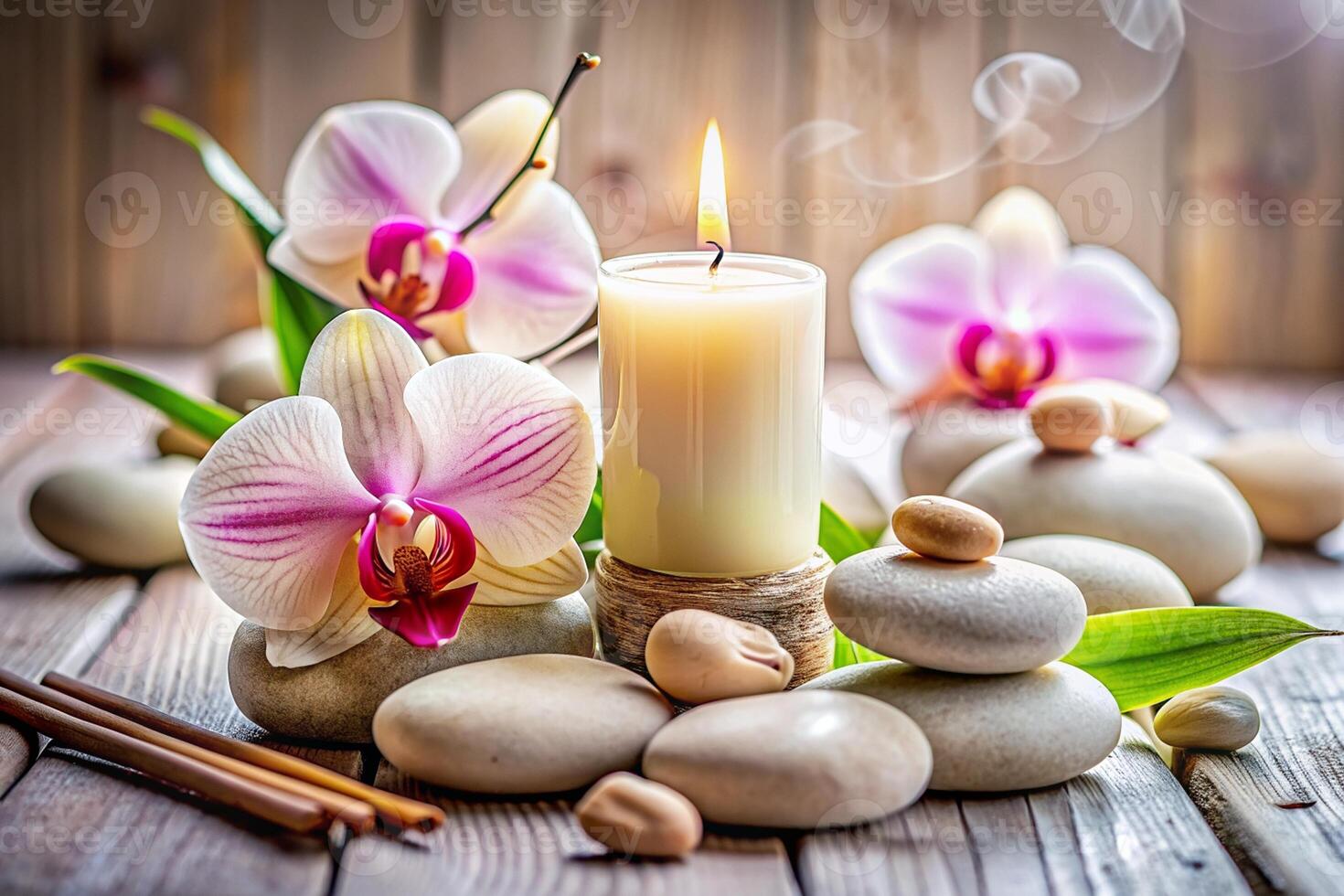 A cozy setup with a lit white candle smack dab in the middle of a bunch of smooth, all on a rustic wooden surface. Around it, there are some vibrant pink and white orchids photo