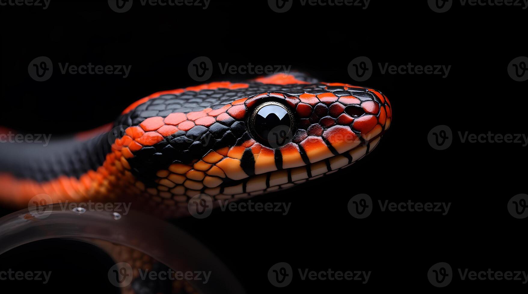 A close up of a snake with black and orange stripes photo