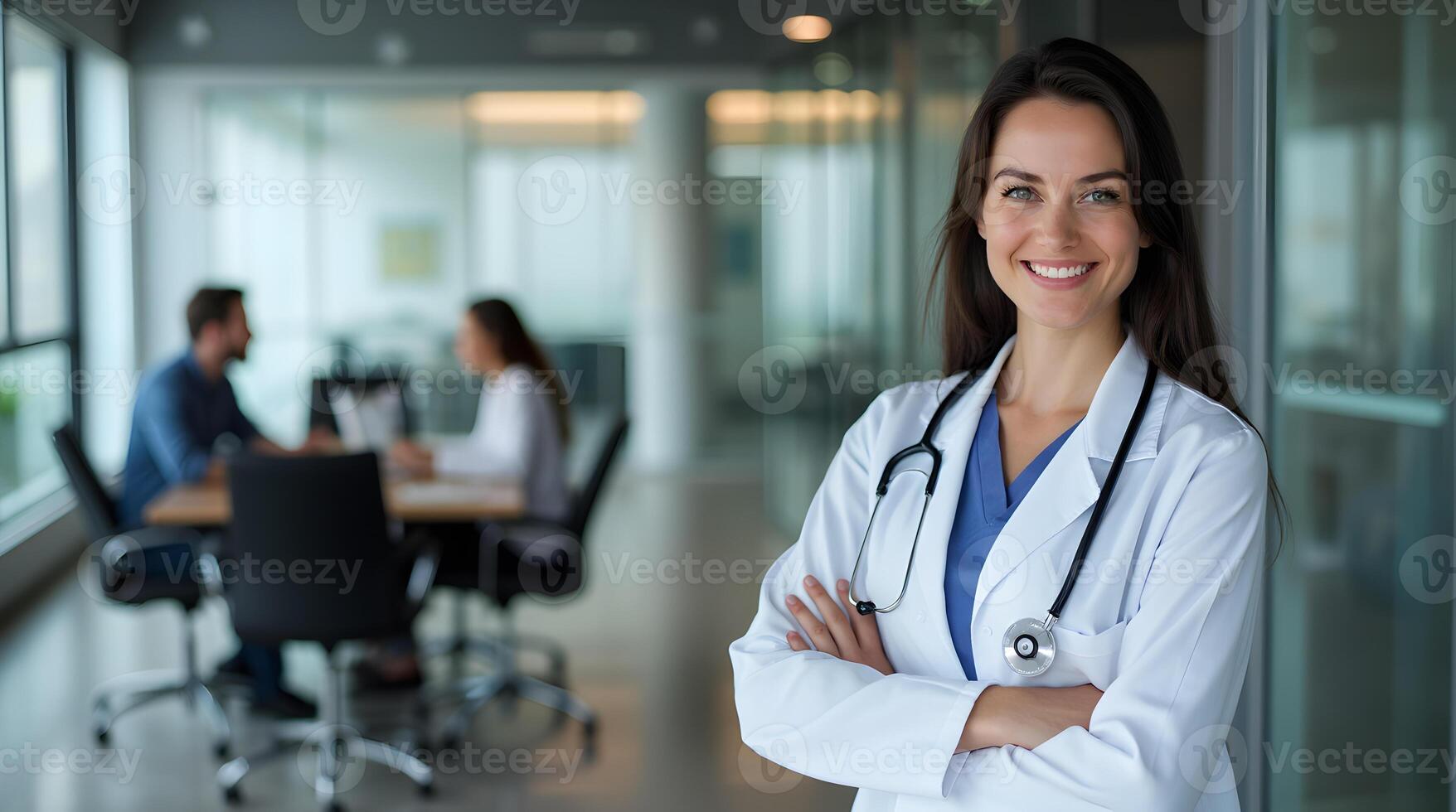 A woman in a doctor's coat standing in front of a group of people photo