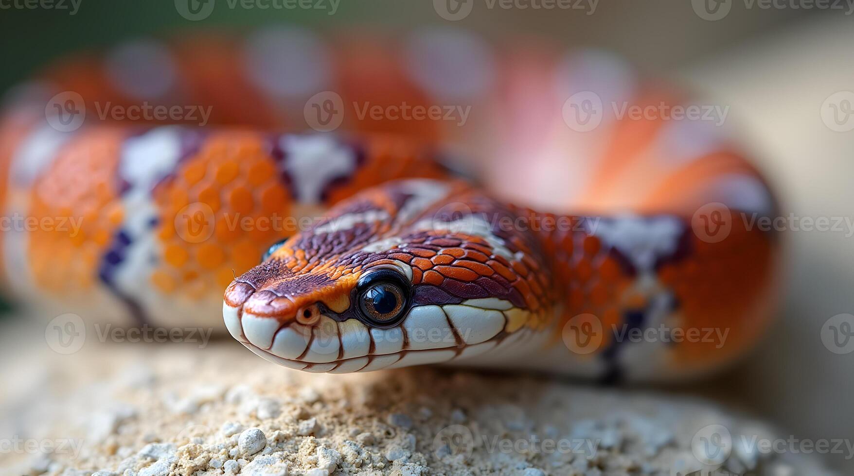 A close up of a snake with orange and white stripes photo