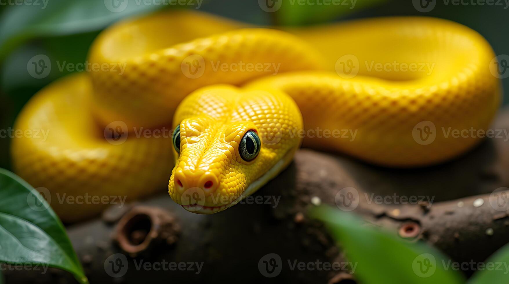 A yellow snake is sitting on a branch photo