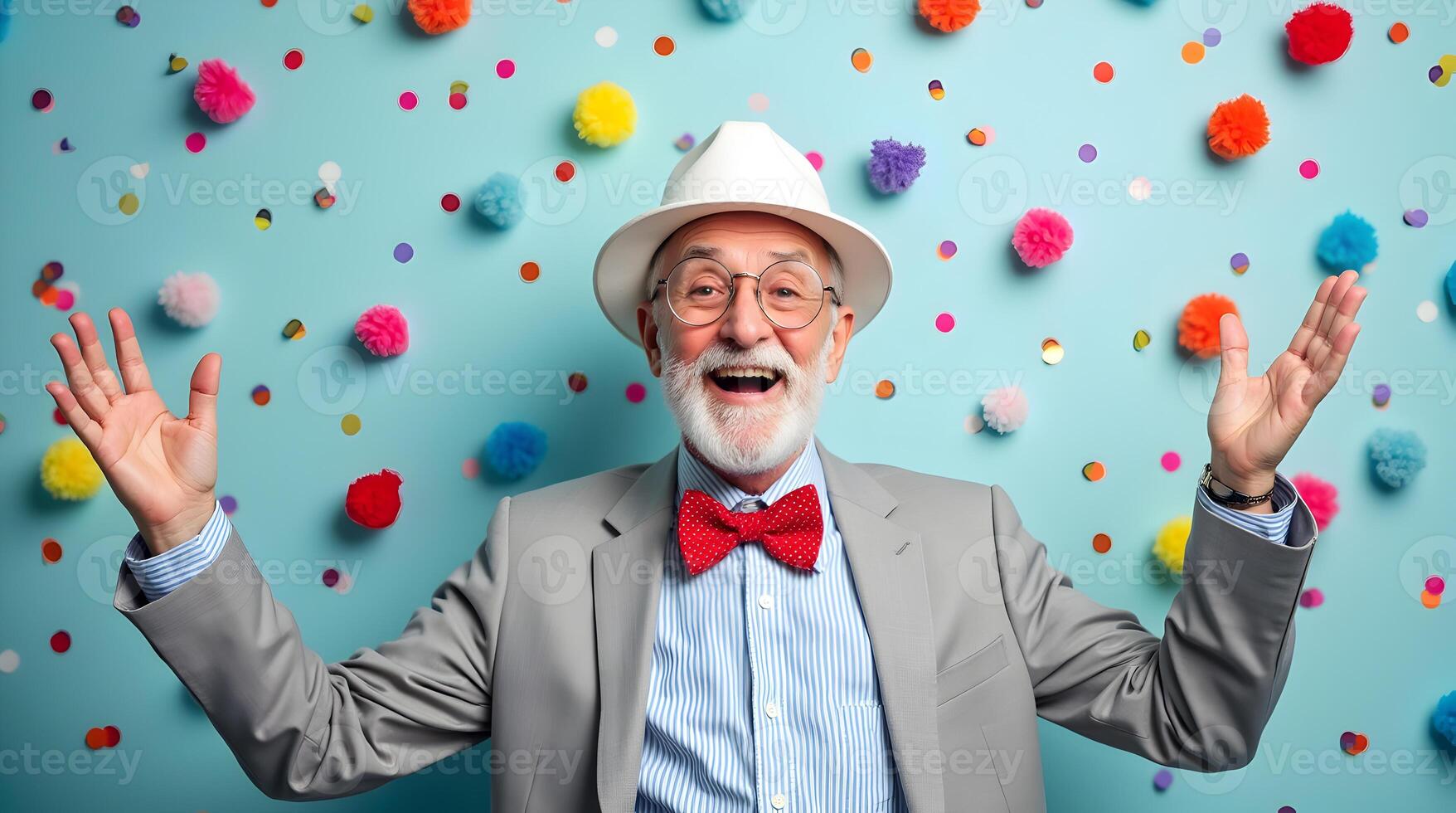 An old man in a bow tie and red tie is smiling and waving photo