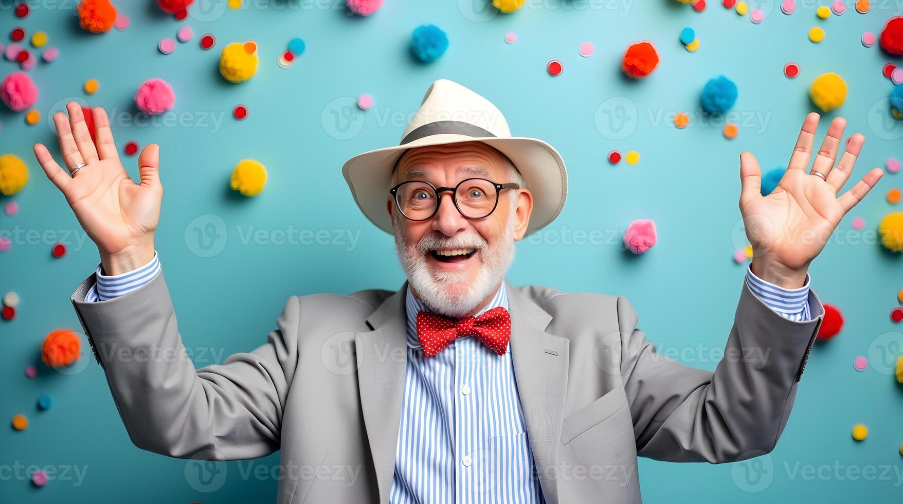 An old man in a bow tie and hat with his hands up photo