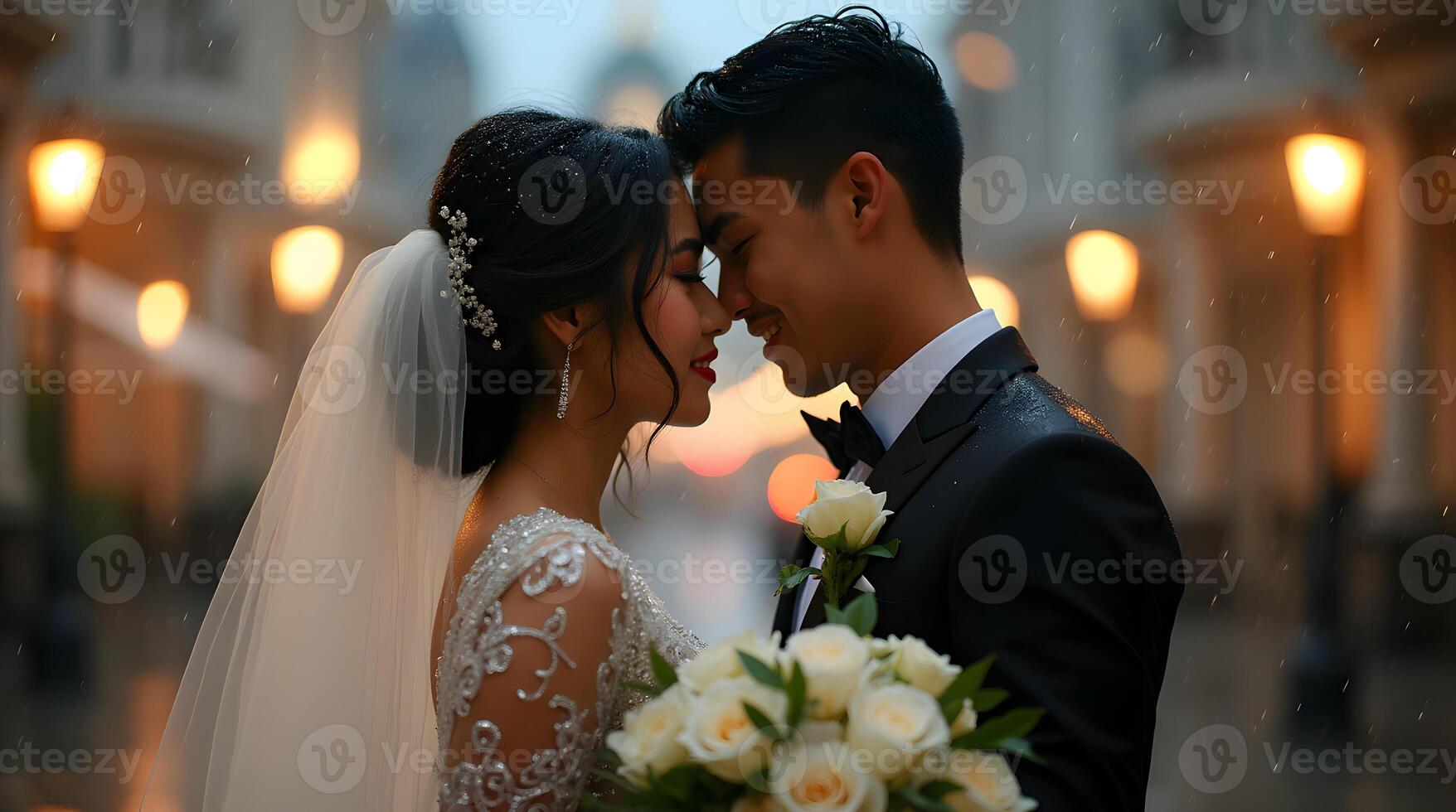 A newly married couple in the rain photo