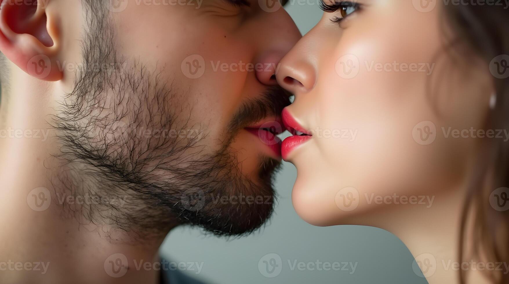 A man and woman kissing with their lips touching photo