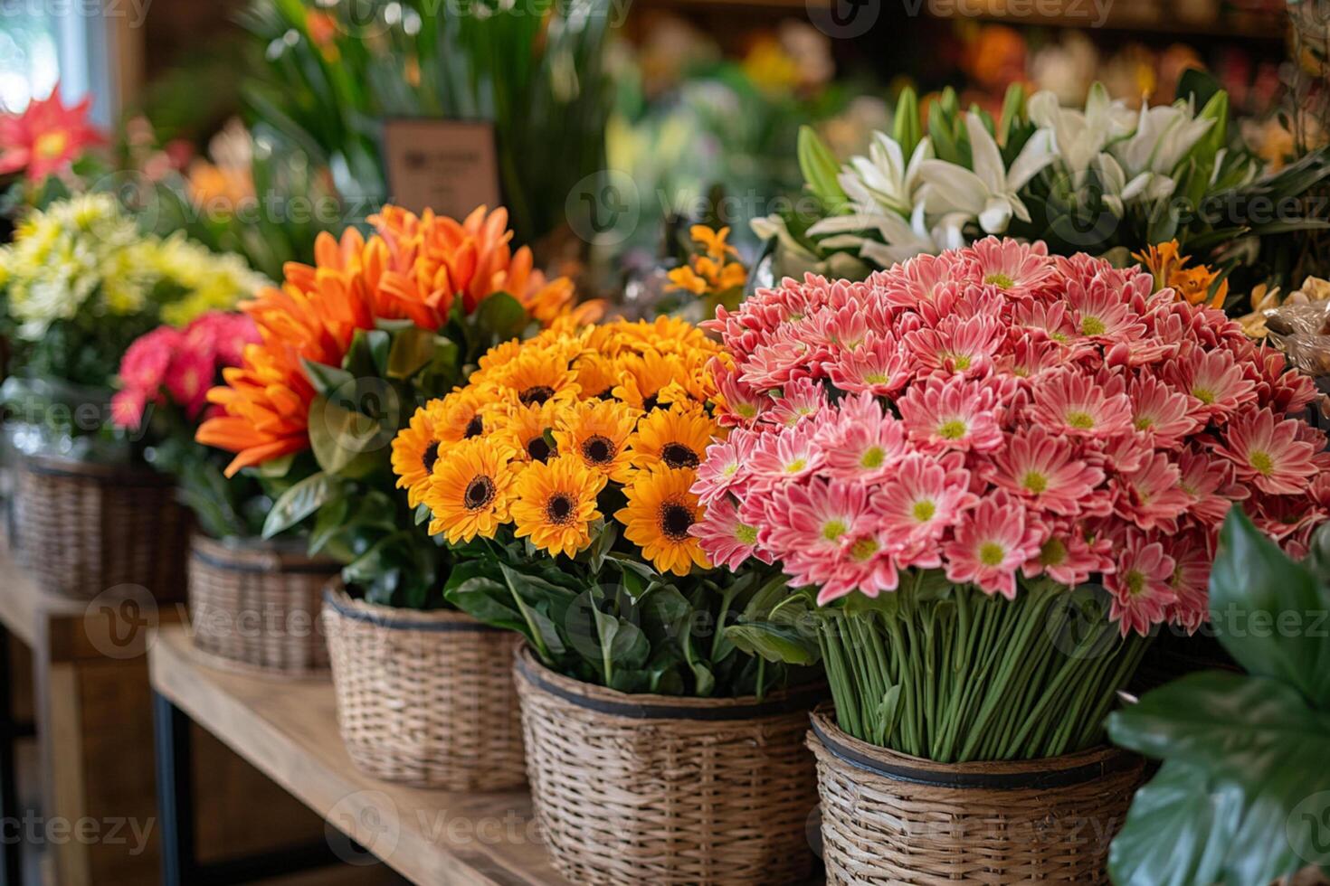 Vibrant Flower Bouquets in Wicker Baskets at a Flower Shop photo