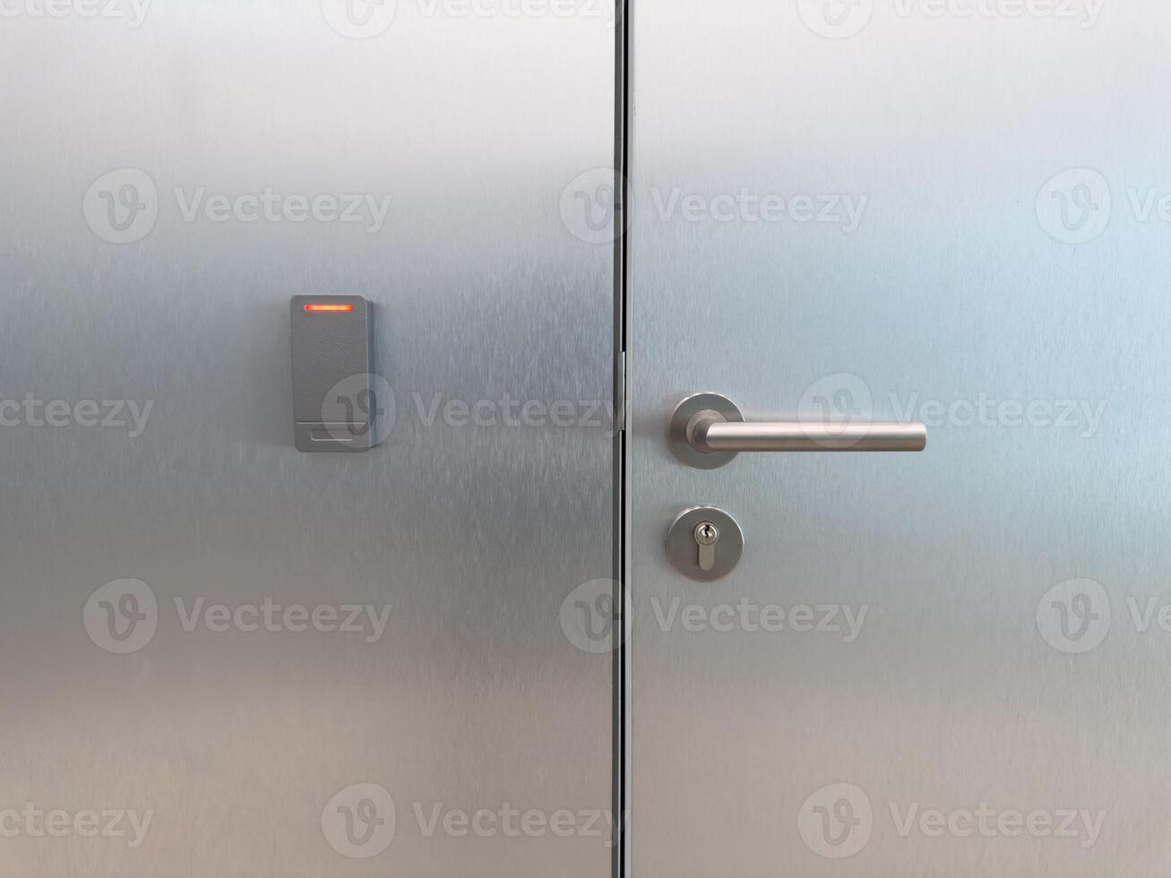 Closed metal office door with smart card reader and secure handle. Symbol of corporate access control, staff only zones, modern building security and workplace infrastructure photo
