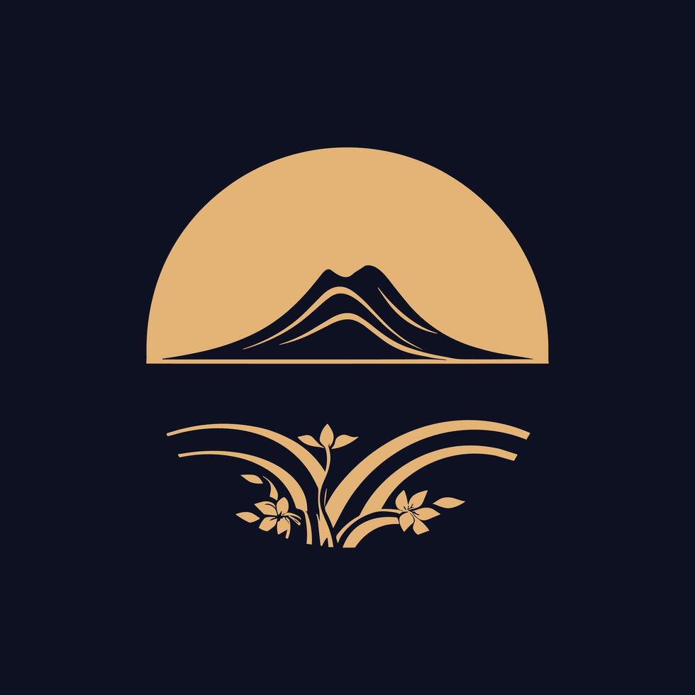 A mountain with a sun and flowers on it vector