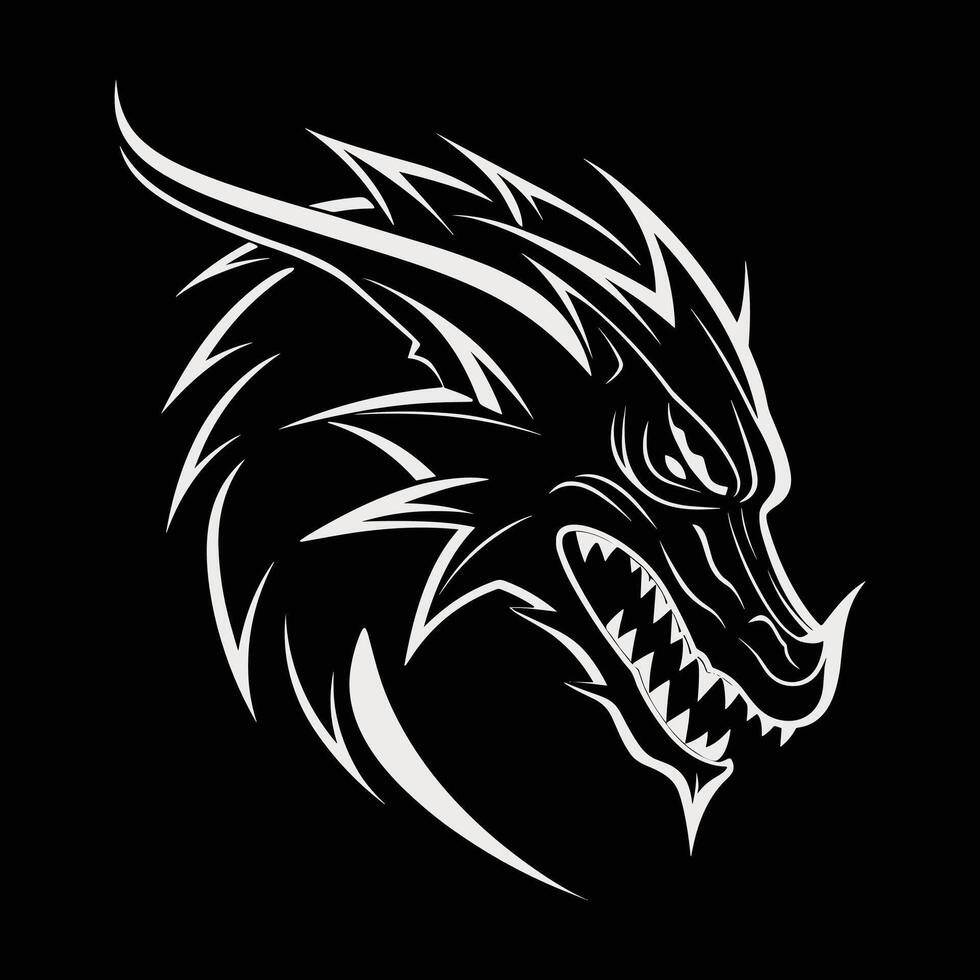 A black and white dragon head on a black background vector