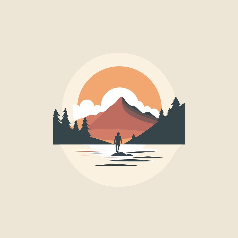 A man is standing on a paddle board in front of a mountain and a lake vector