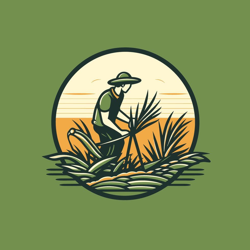 A man is working in the field with a rake vector