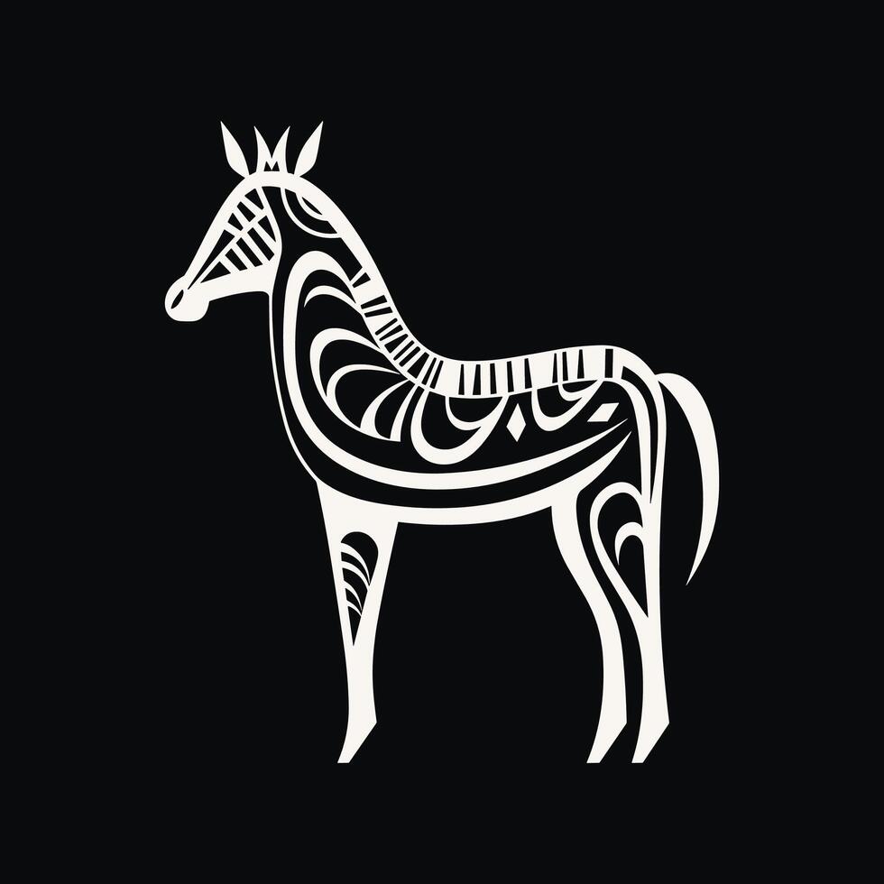 A zebra is standing in a tribal pattern on a black background vector