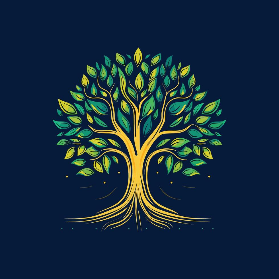 A tree with leaves and roots on a dark background vector