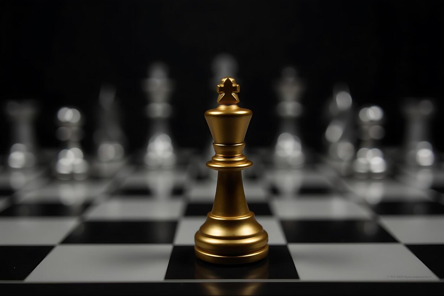 Golden king chess piece standing alone on a chessboard representing strategy and leadership photo