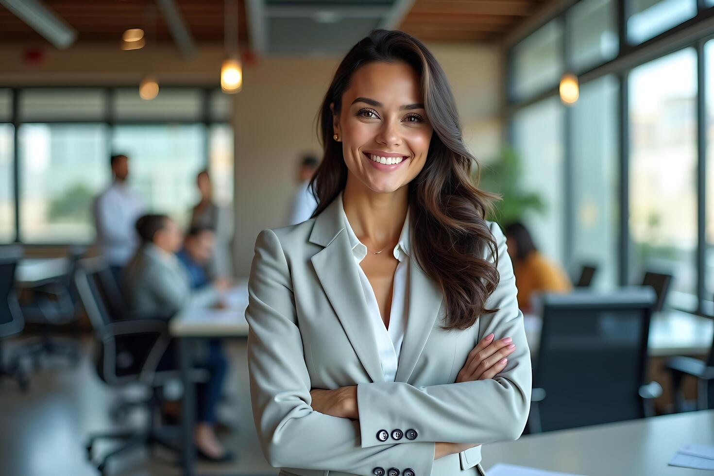 Confident smiling businesswoman posing with arms crossed in a modern office environment photo