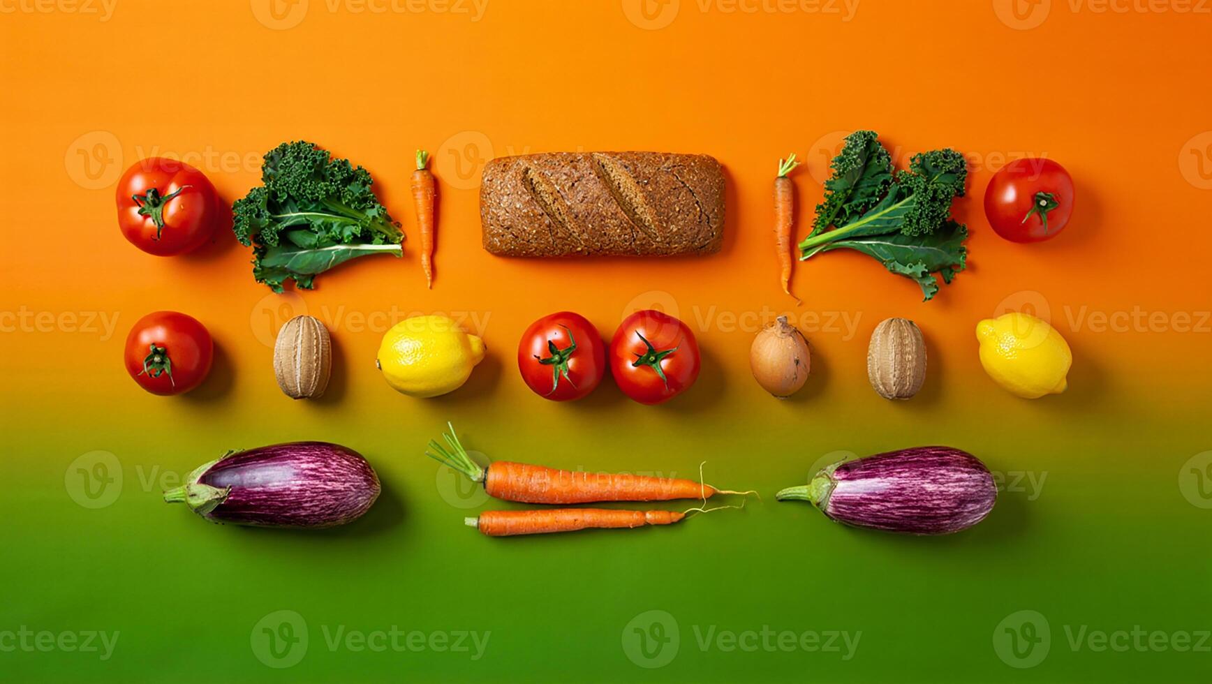 A colorful composition of fresh vegetables and bread arranged on a gradient background photo