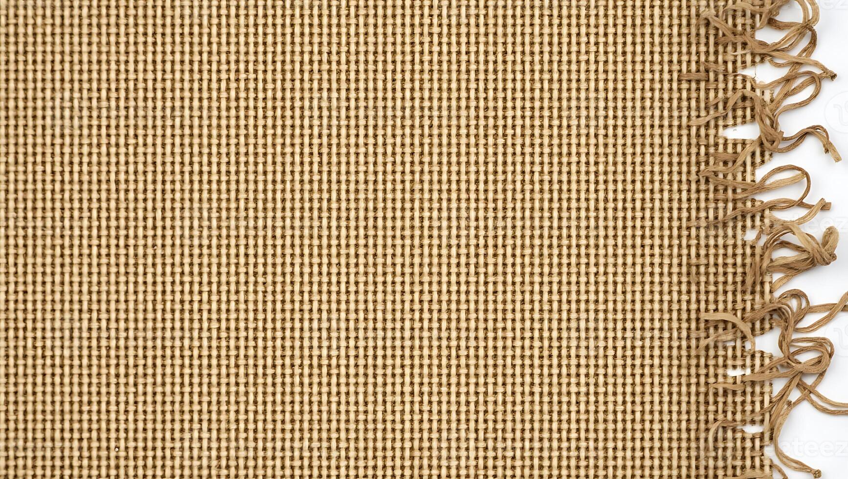 Close up of woven tan fabric with frayed edges and isolated white background photo