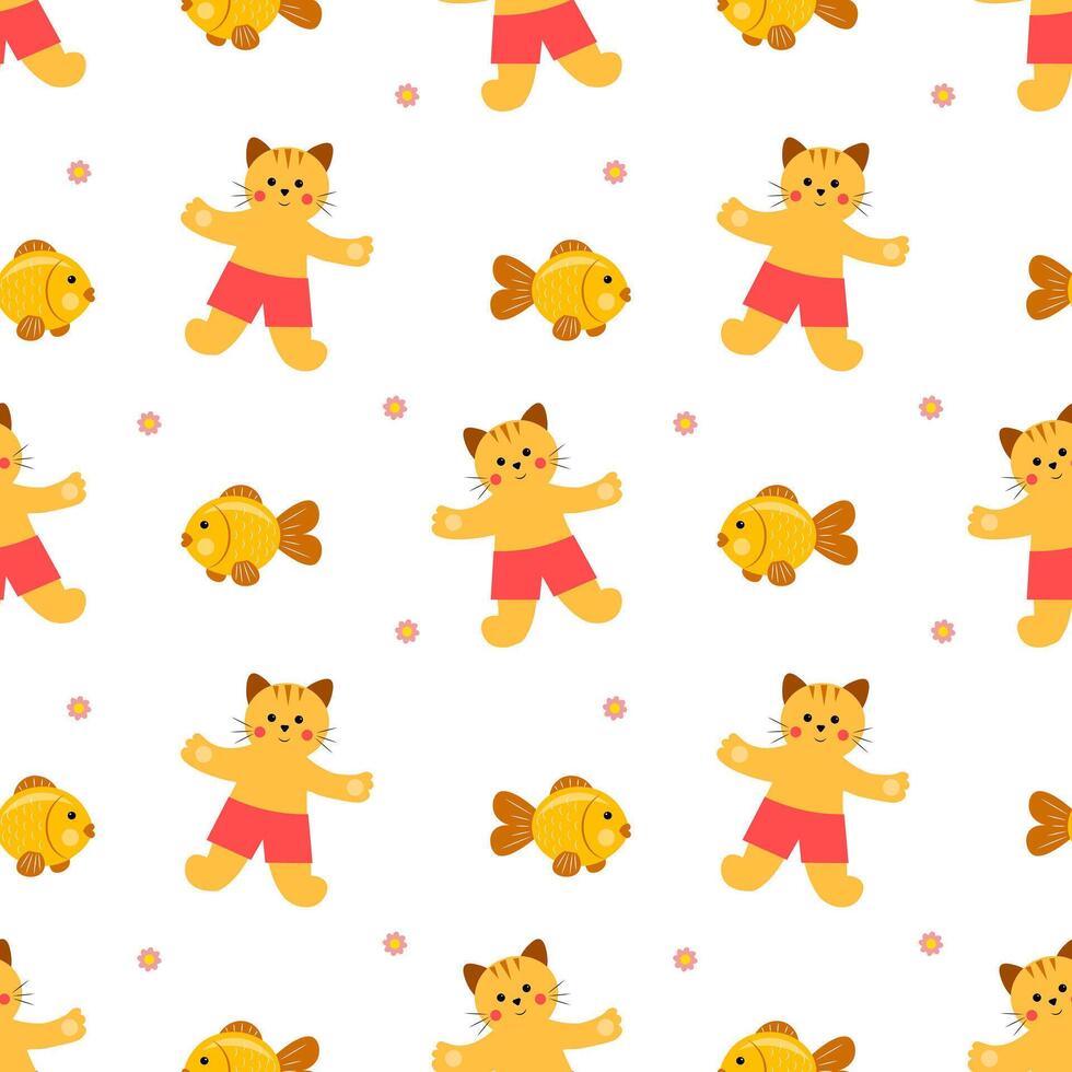 Seamless pattern with cats and fish on a white background vector