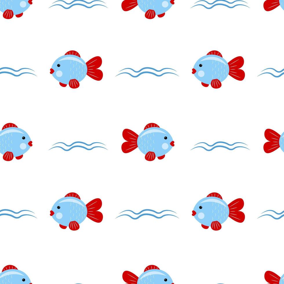 Seamless pattern with fish and waves on a white background vector