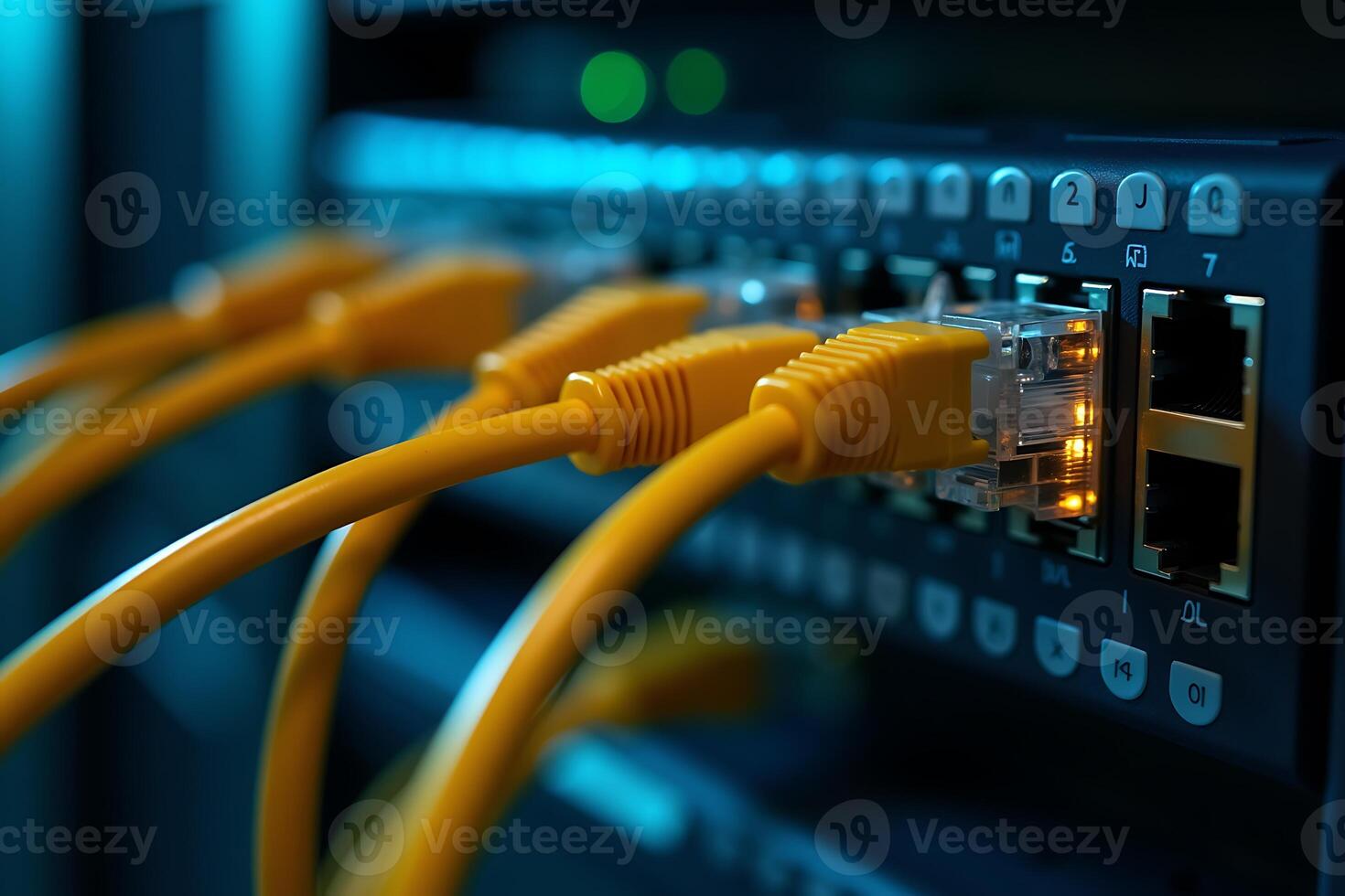 Close up of a network switch with multiple yellow ethernet cables connected for data transfer photo