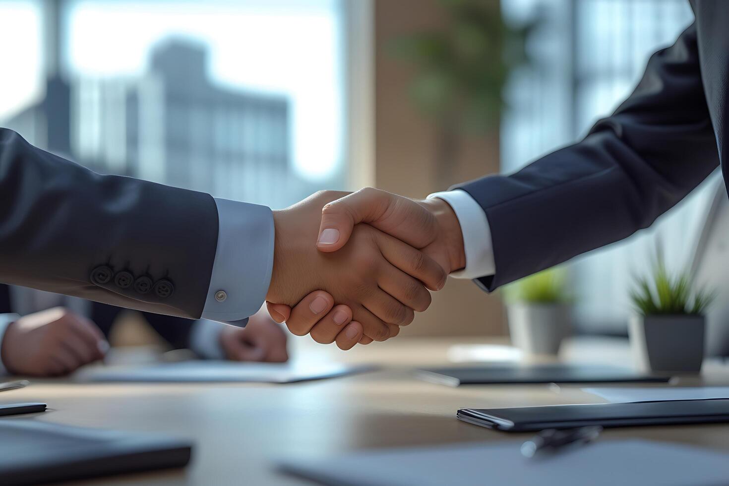 Two business people in suits shaking hands to form a successful agreement in office photo