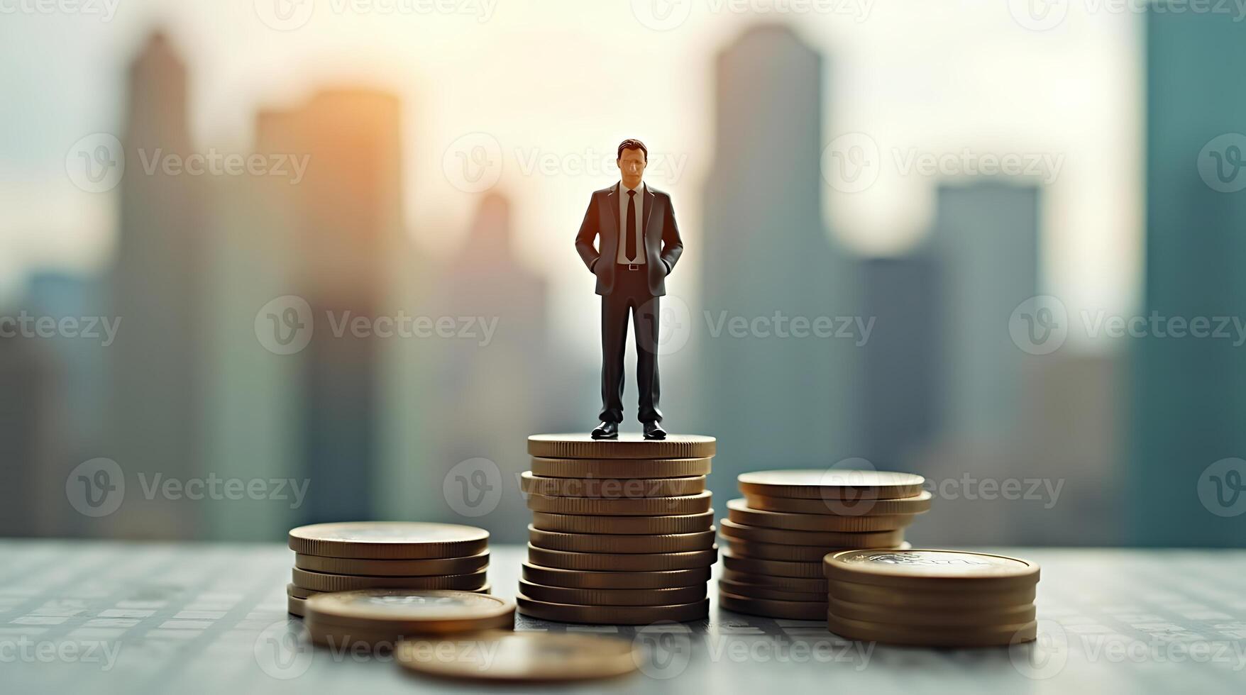 Businessman figure standing on a stack of coins against a blurred cityscape background photo