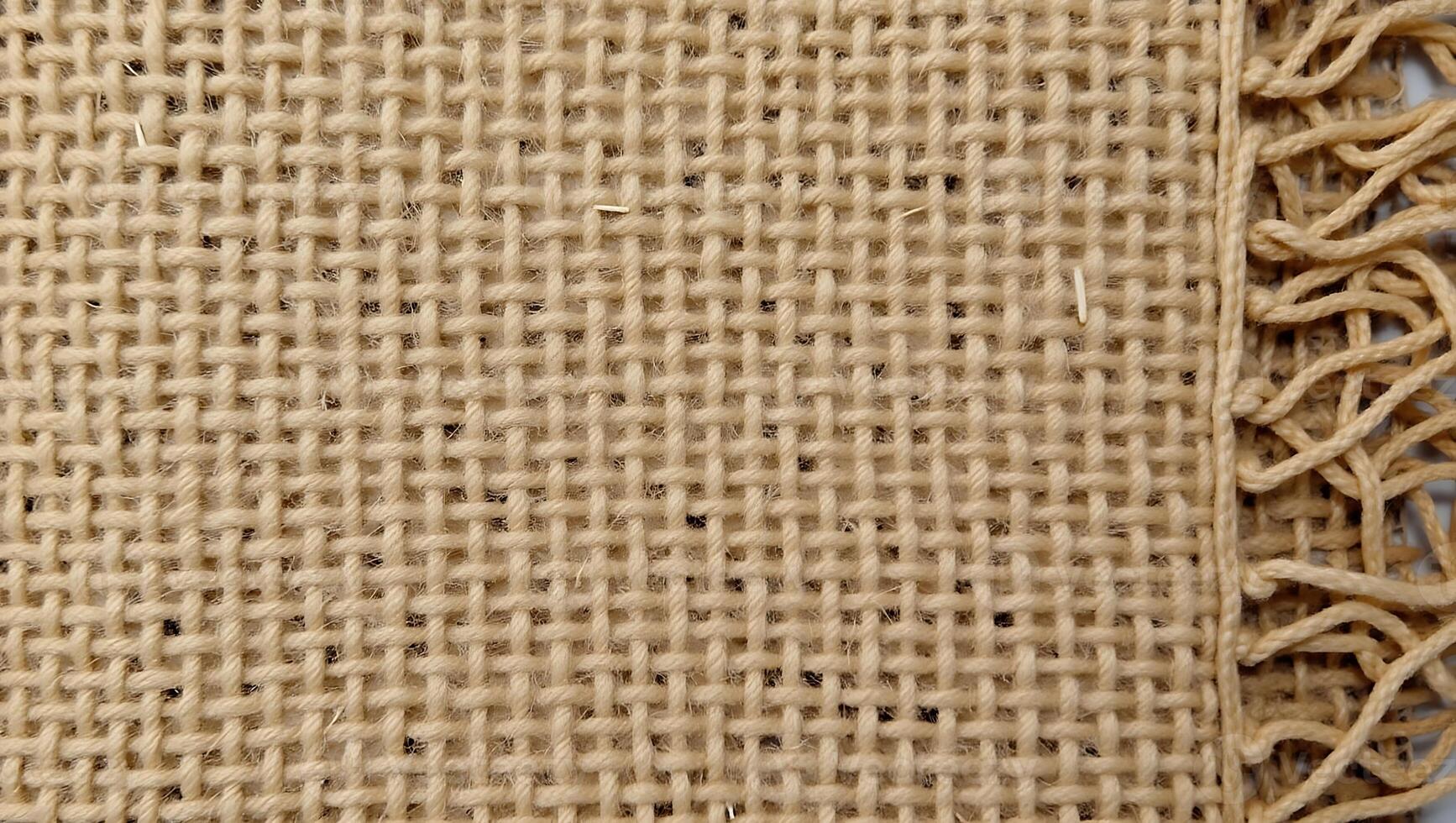 Close up view of textured natural woven burlap fabric with decorative fringe detail photo