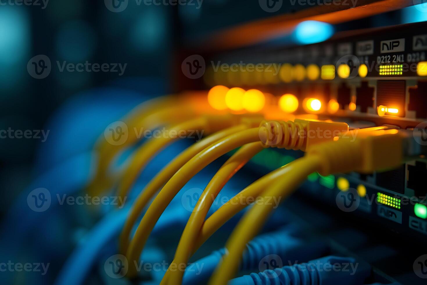 Close up view of yellow network cables connected to a server rack in a data center photo