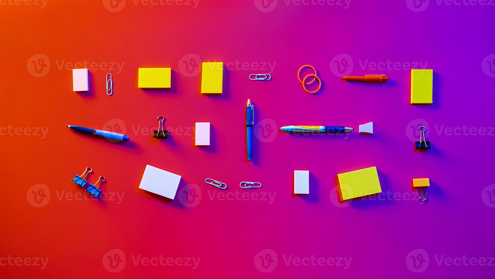 A collection of office supplies arranged neatly on a colorful gradient background photo