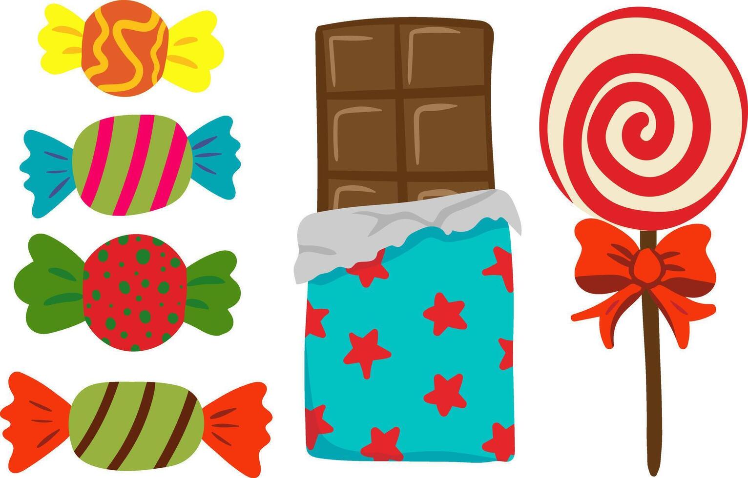 retro candy set isolated bright sweets including chocolate bar, lollipop with ribbon, colorful wrapped candies vintage confectionery design projects vector