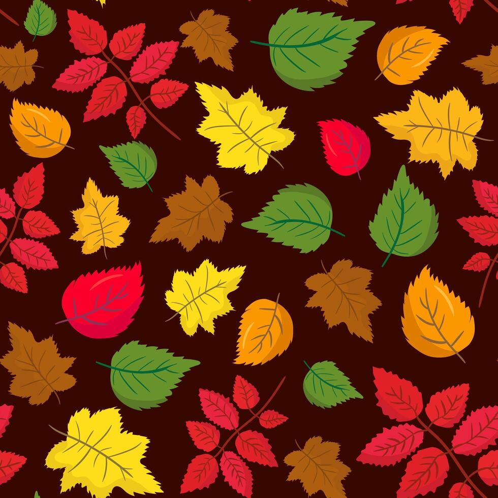 seamless pattern with colorful autumn leaves dark brown background, fall foliage design, repeating autumnal leaf illustration vector