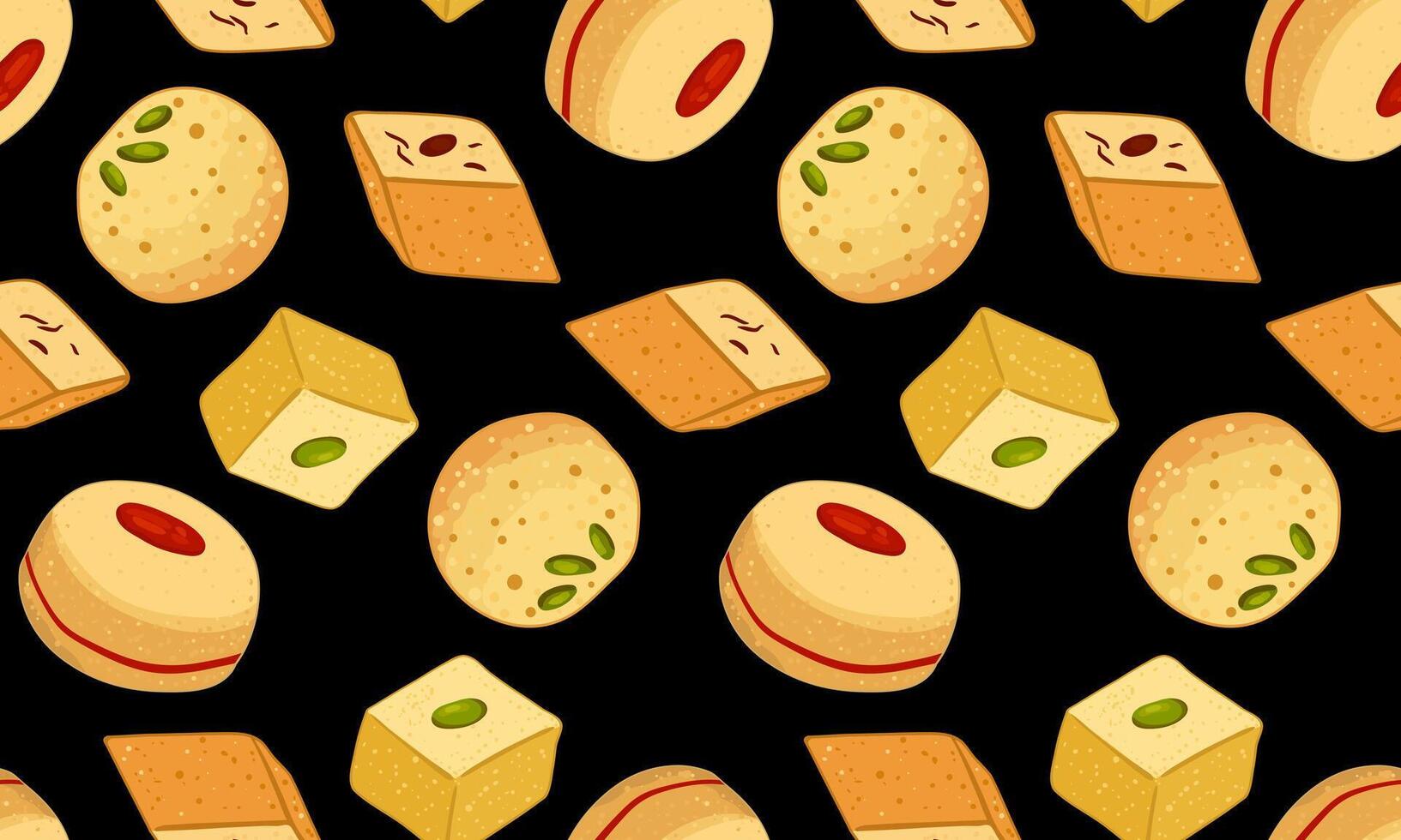 abstract seamless pattern with Indian traditional mithai sweets on black background for web design and wallpaper oriental diwali celebrations vector