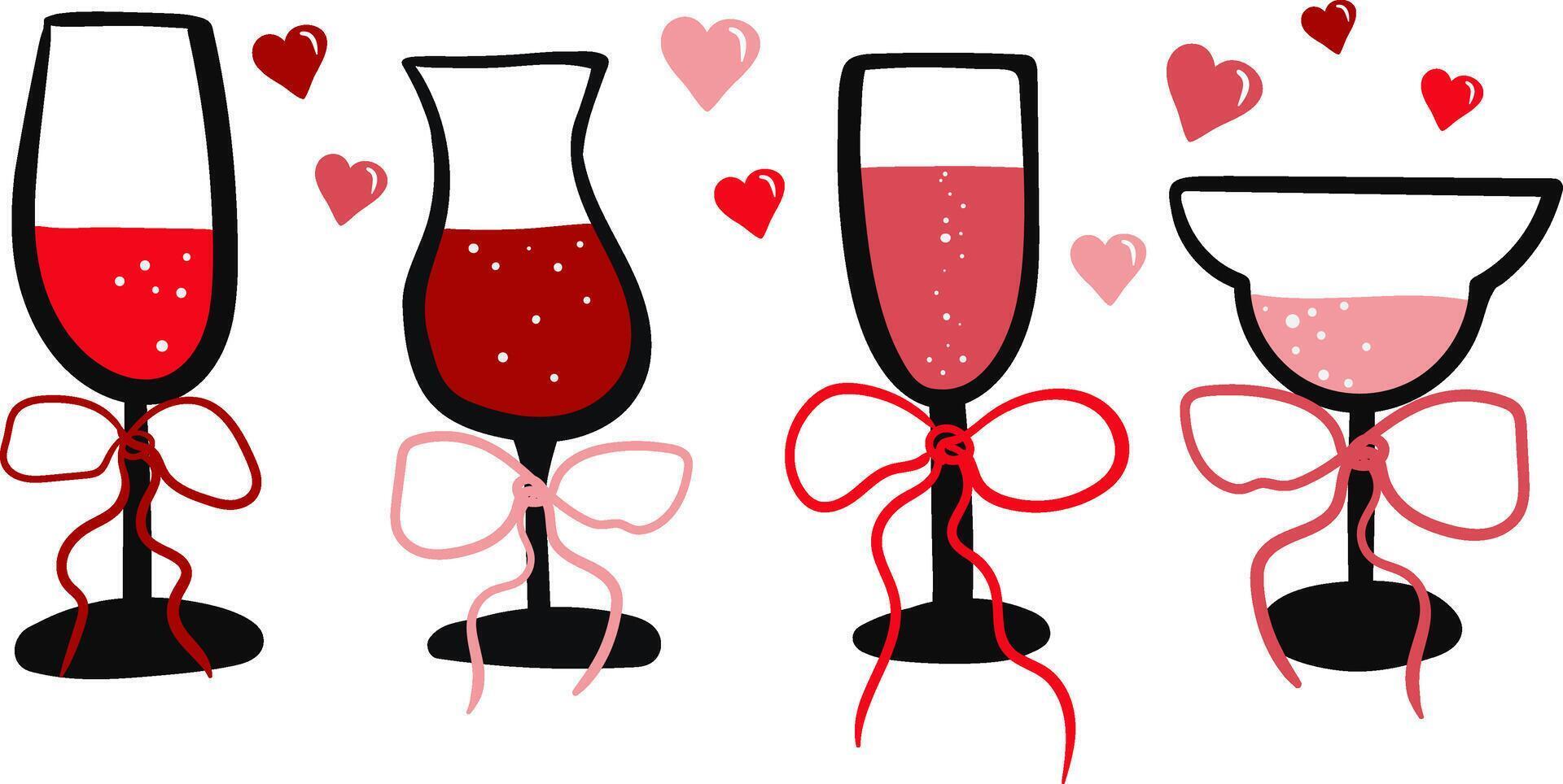 romantic set of champagne wine glasses with bows hearts isolated background for Valentine's Day of love vector