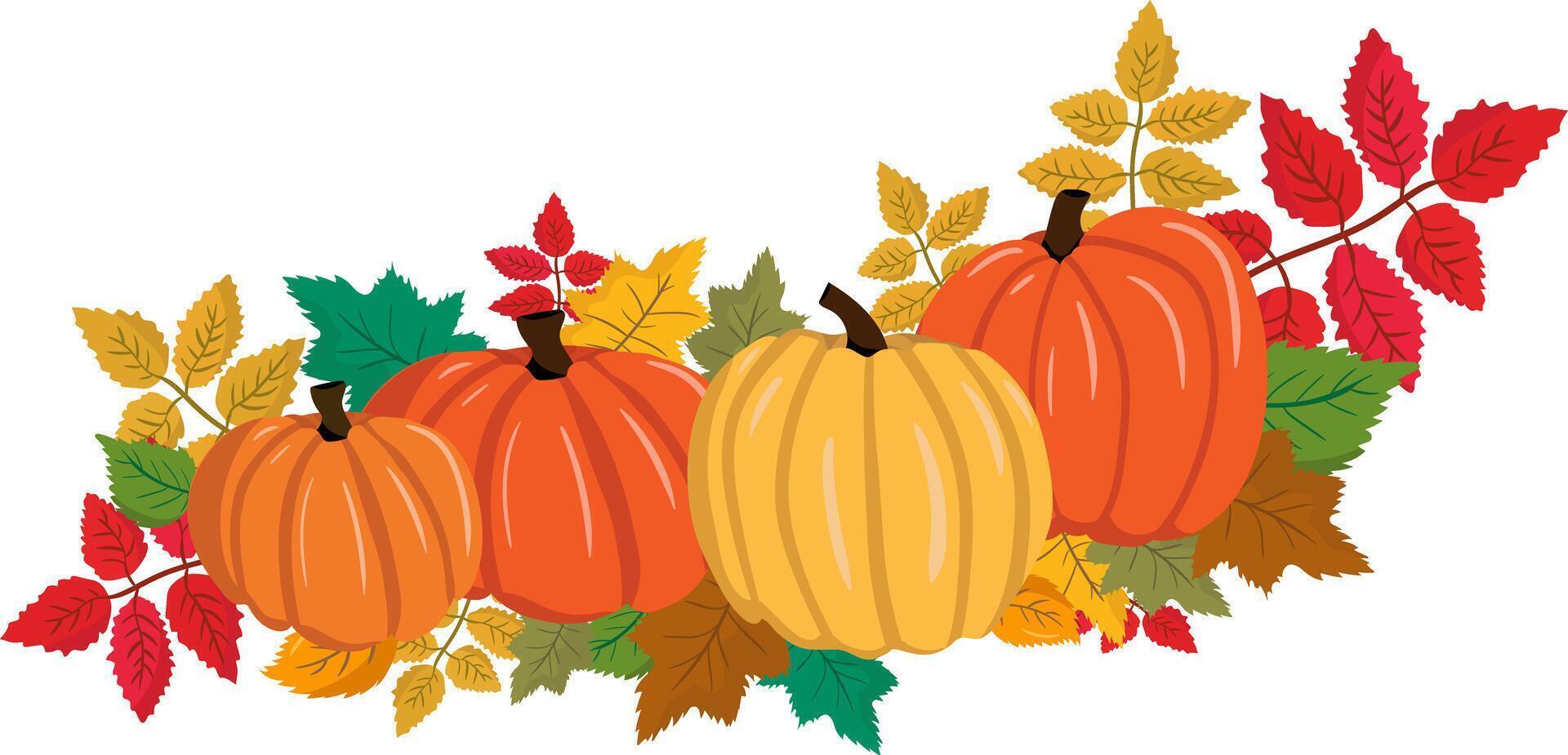 bright autumn linear element with pumpkins and leaves for designs and decor, colorful fall harvest graphic illustration vector