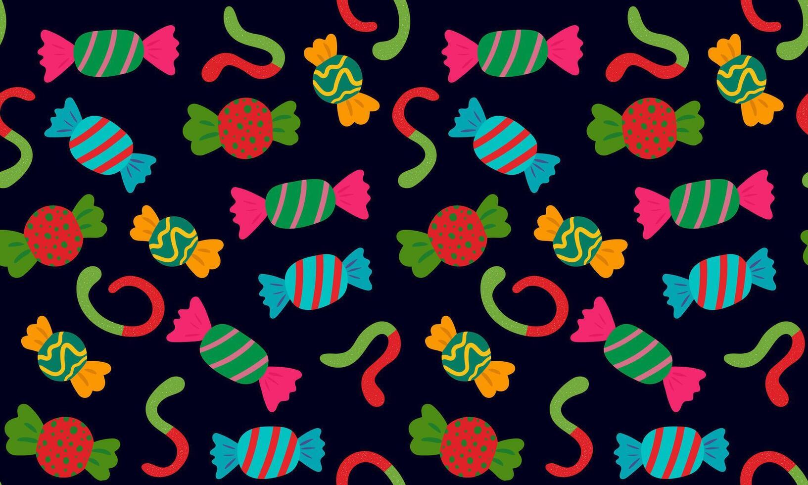 seamless pattern colorful wrapped candies gummy worms dark background, festive sweet treats design sugar confectionery illustration textile, wrapping paper vector