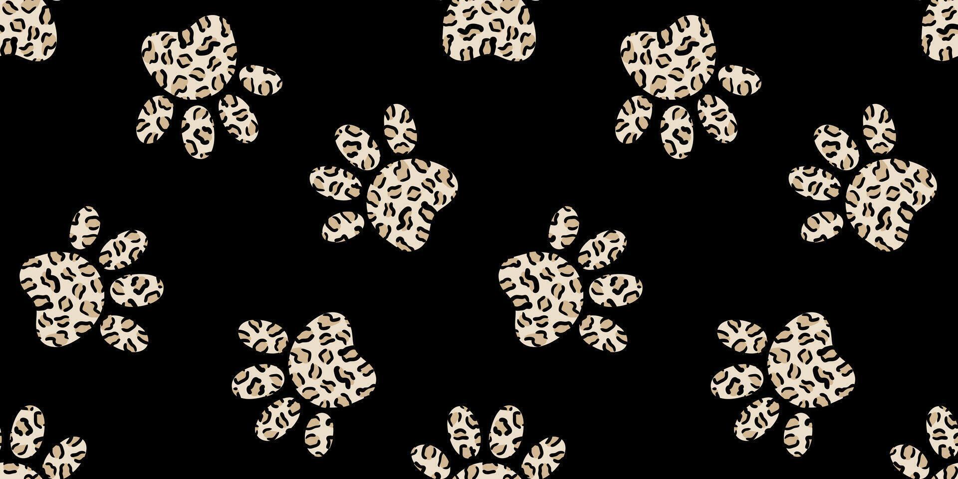 seamless cats animal paw print pattern with leopard texture on black background stylish trendy design for fabric, kids fashion, wrapping paper, pet products vector