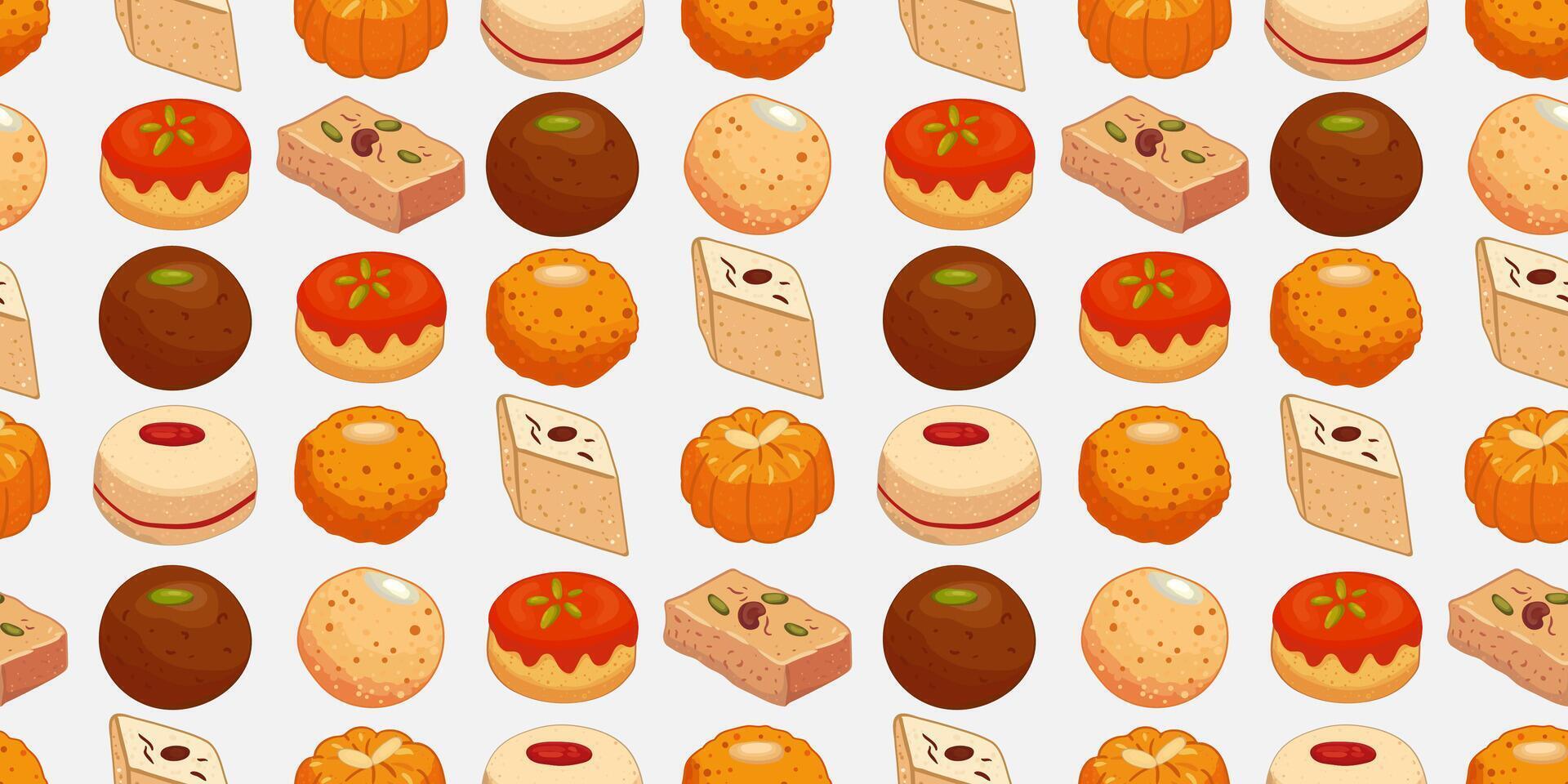 seamless indian sweets pattern on white background traditional mithai dessert icons for textile, packaging, diwali greeting, wrapping and fabric design vector