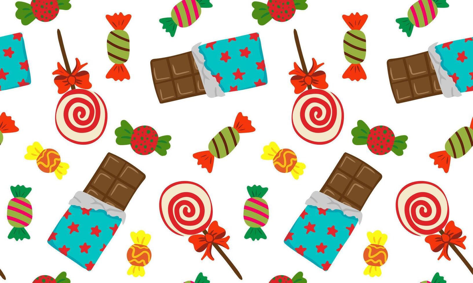 seamless pattern with chocolate bars, swirl lollipops and wrapped candies on white background playful retro sweets design for packaging, kids, holiday prints vector