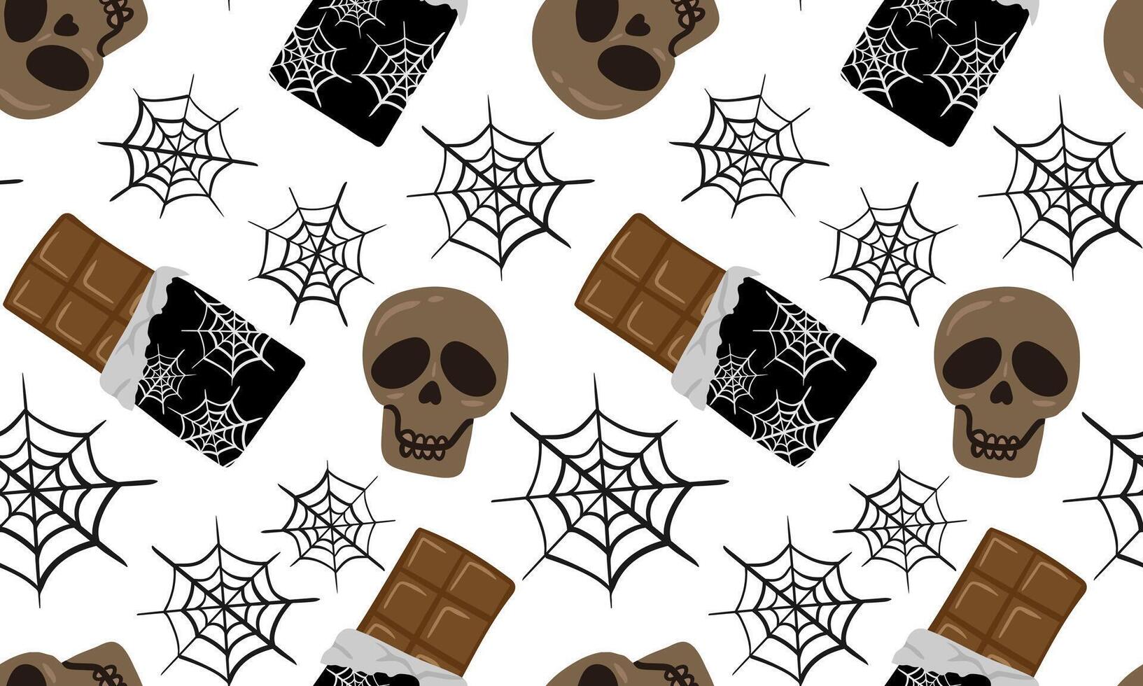 halloween seamless pattern with skulls, chocolate bars in spider web wrappers white background, spooky holiday design skeleton candy illustration textile cards vector