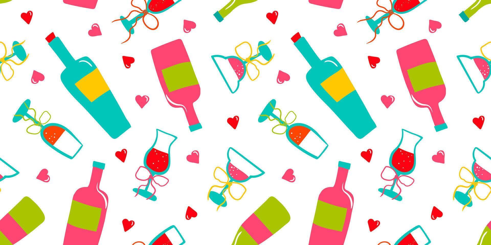 glamorous abstract modern pattern with wine bottles, glasses, and hearts on a white background for web design and wallpaper vector