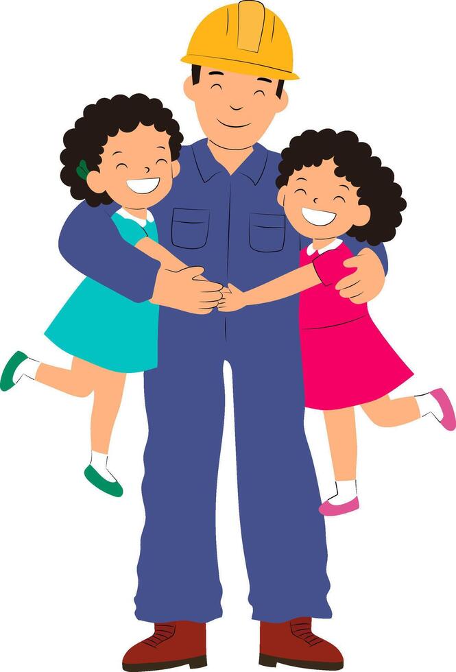 smiling builder dad hugging two daughters happy family celebration fathers day colorful illustration artwork for worker appreciation daughters day vector