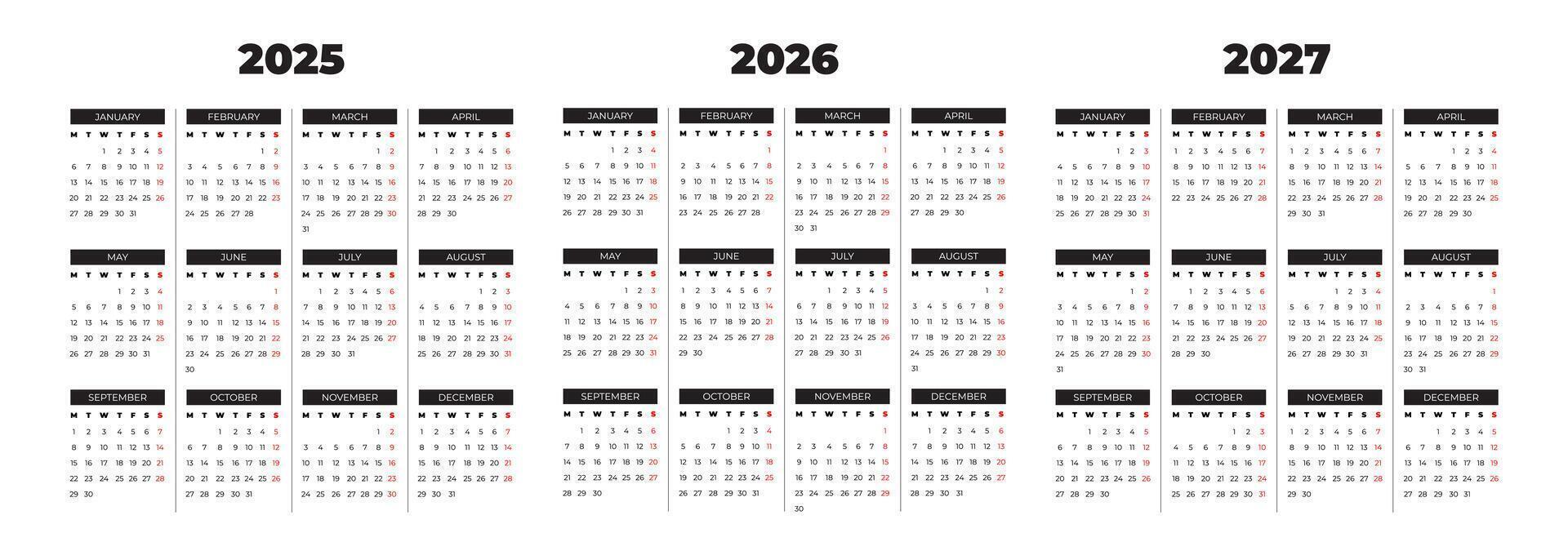 Elegant 2025 2026 and 2027 Calendar vector