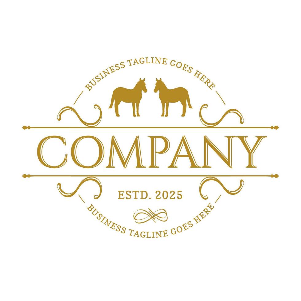 Horse Badge Stallion or Equestrian Logo with Standing Elegant Horses in Retro Vintage Style vector