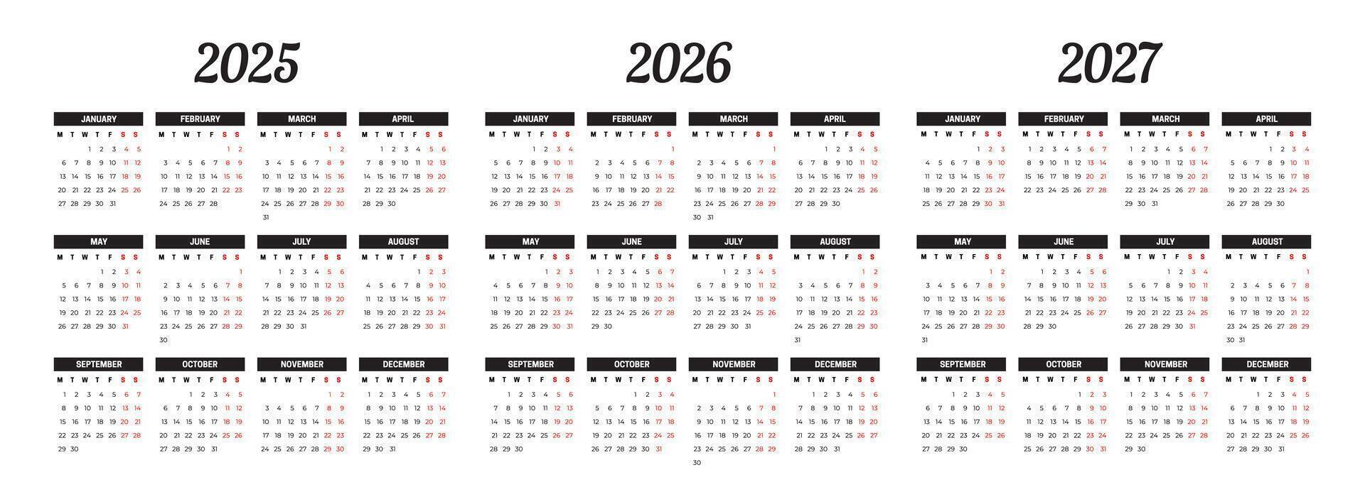 2025 2026 and 2027 Monthly Calendar Design 65716663 Vector