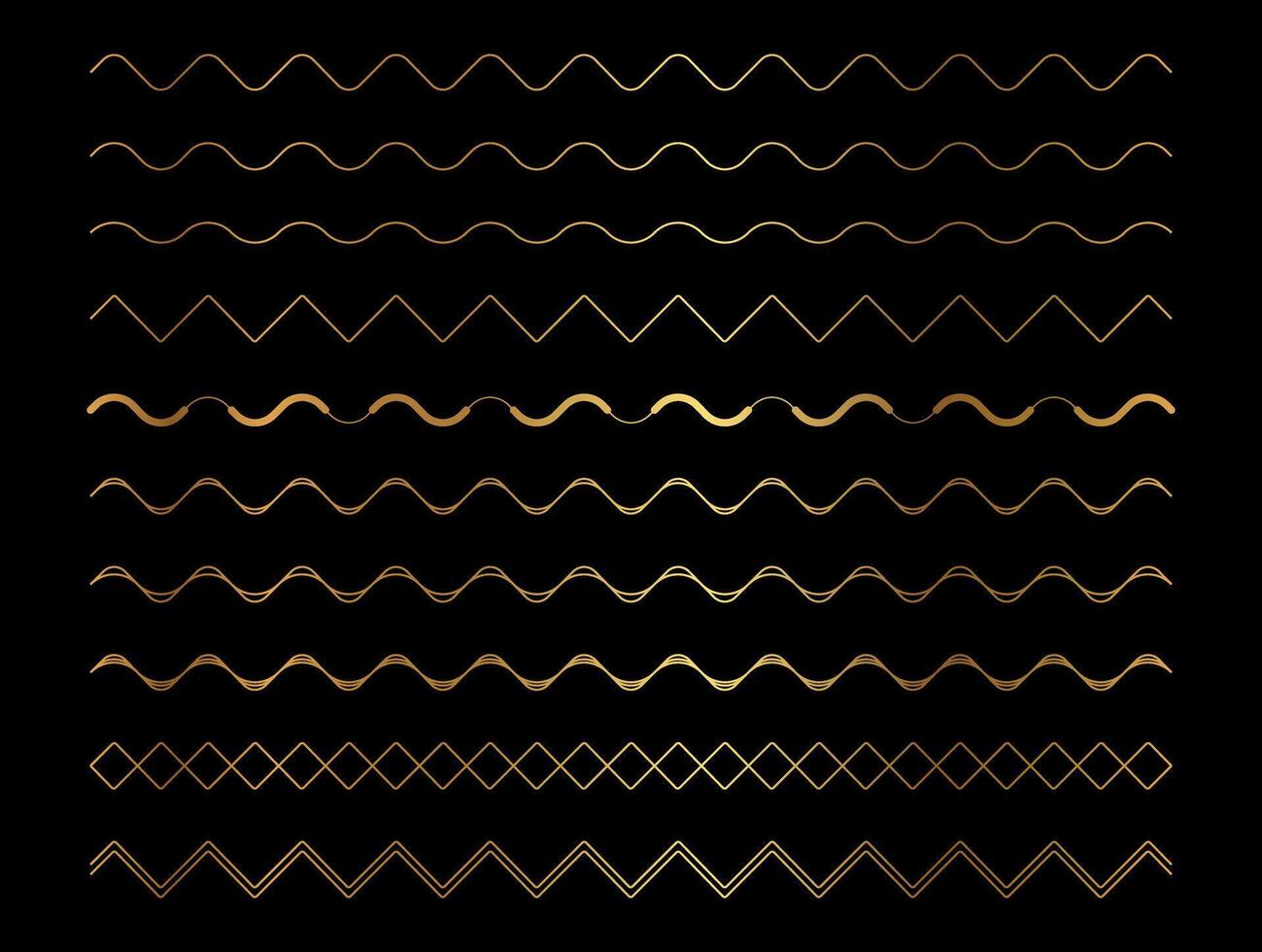 Gold Zigzag Wave Line Border Frame Element Set on Black Background vector