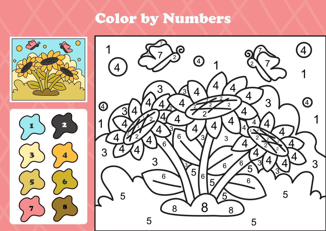 Cozy sunflowers and butterflies in a garden, fun printable color by numbers activity for kids vector